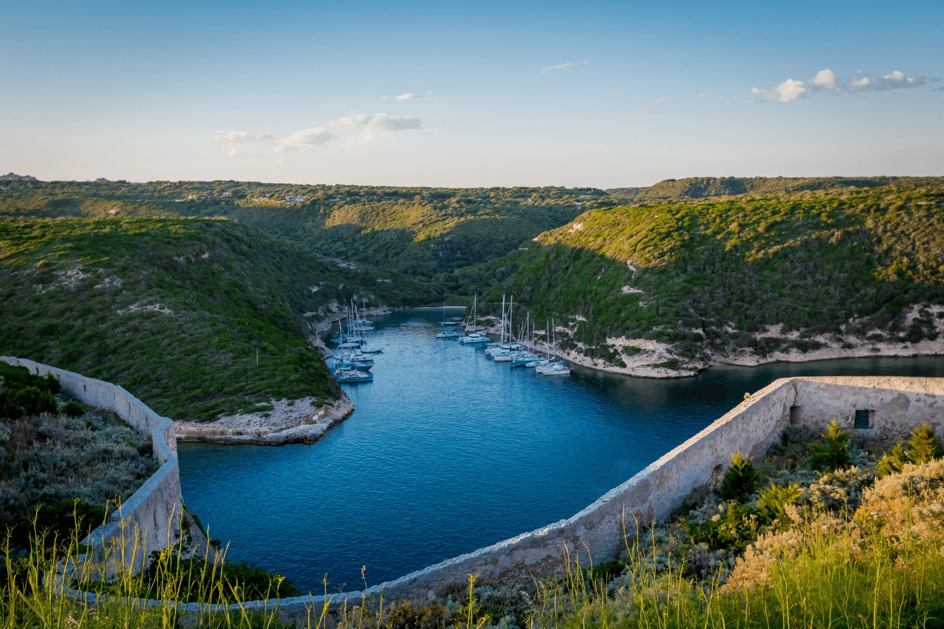 Baie entourée de falaises verdoyantes avec eau turquoise en Corse du Sud
