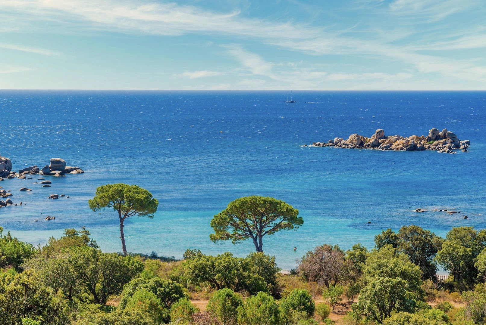 Littoral rocheux avec végétation et mer bleue en Corse du Sud