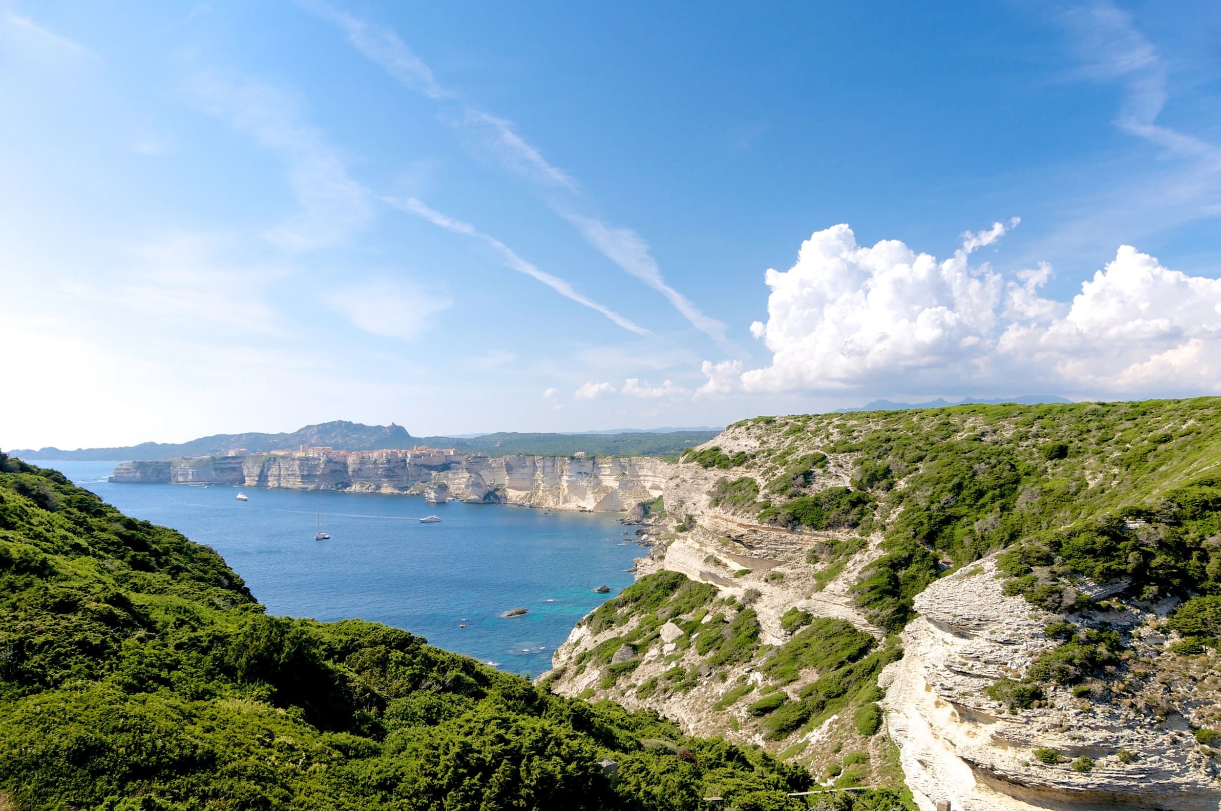 Falaises blanches avec sentier côtier surplombant la mer en Corse du Sud